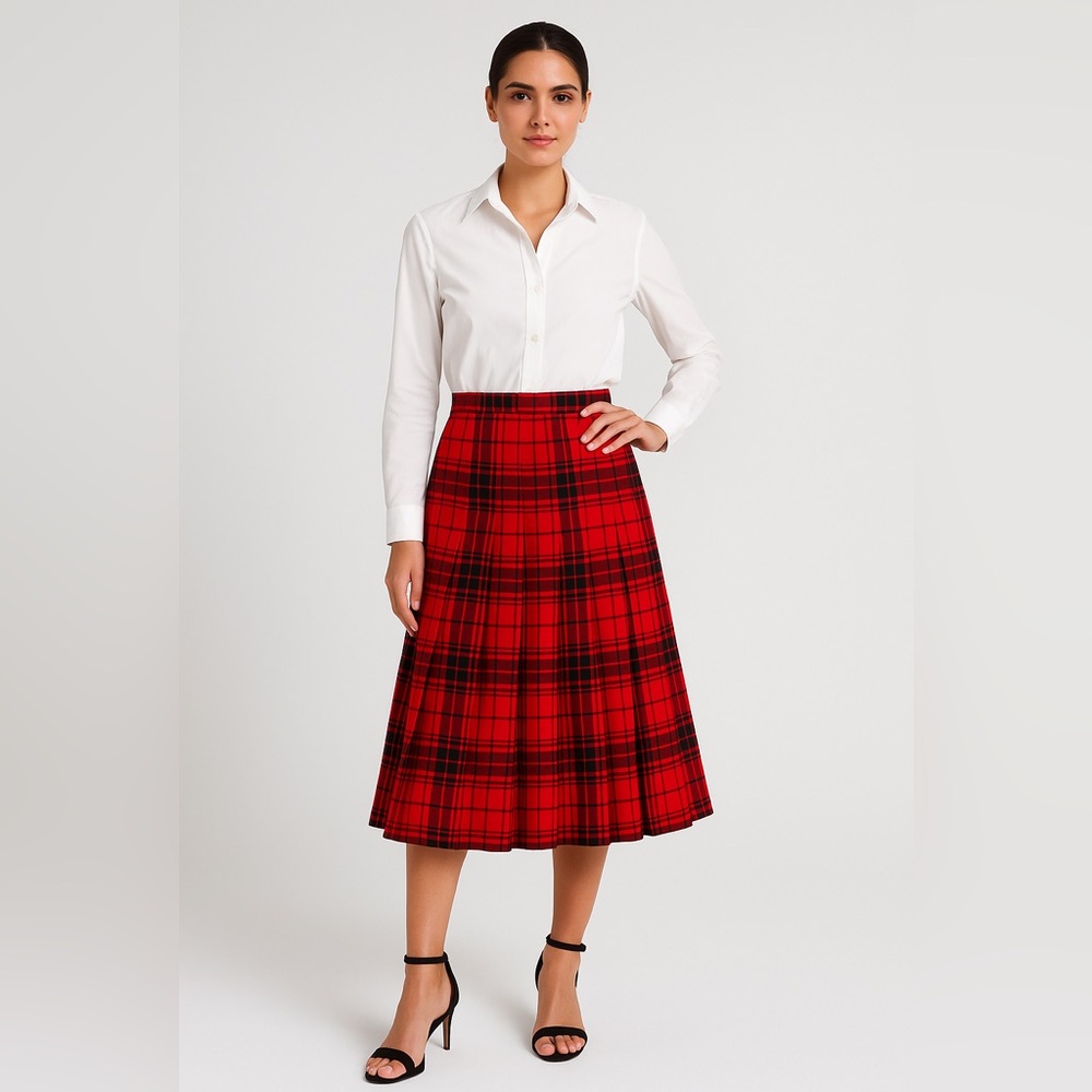 VNTG Tartan Plaid Pleated‎ red Black Wool preppy Midi Skirt Christmas holiday 6